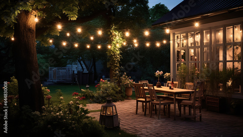 string lights hung across garden spaces