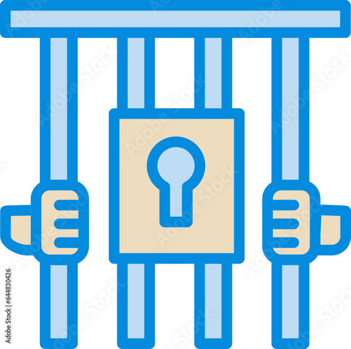 Hand Holding Prison Bars Icon In Blue And Yellow Color.