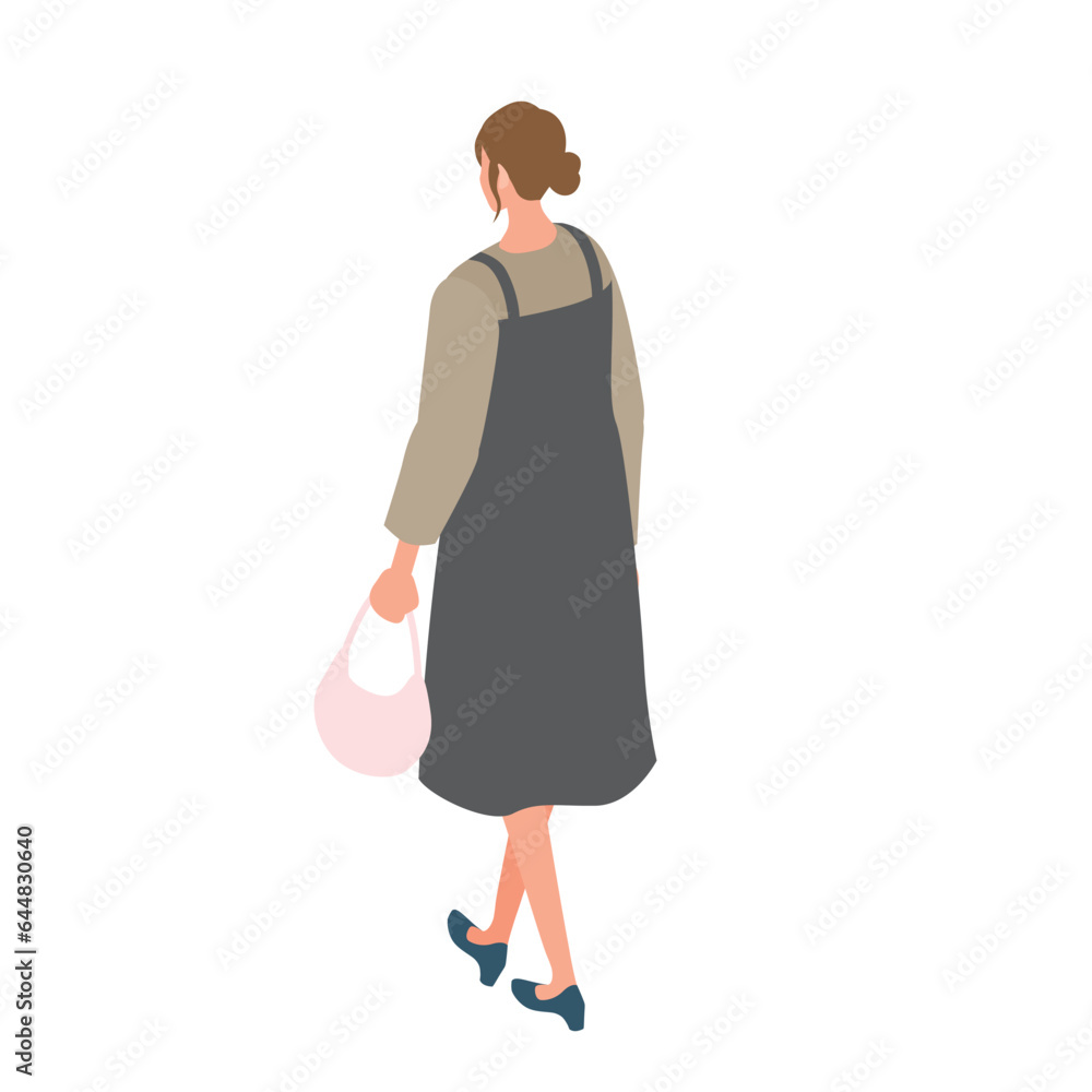 アイソメトリック_バッグを持って歩いている女性 アイソメトリック_バッグを持って歩いている女性