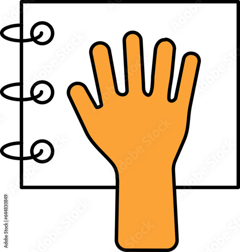 Hand On Spiral Notebook Icon In Orange And White Color.