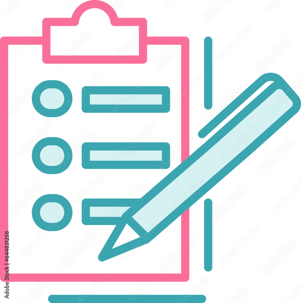Paper Clipboard With Pen Teal And Red Icon Or Symbol. Paper Clipboard With Pen Teal And Red Icon Or Symbol.