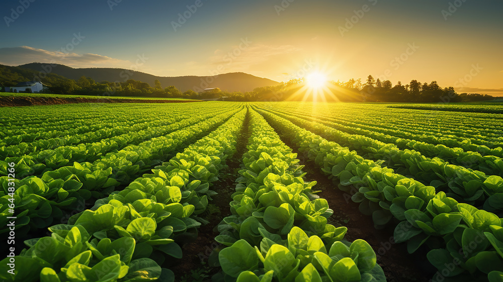 neatly arranged rows of organic crops in a farm setting - obrazy, fototapety, plakaty 