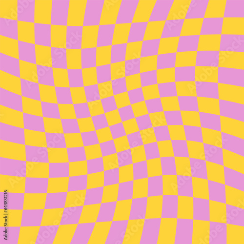 Twisted checkered colorful background. Abstract vector pattern. Retro wavy psychedelic checkerboard. Funky retro aesthetic prints for modern design. Y2k art. Yellow and pink colors