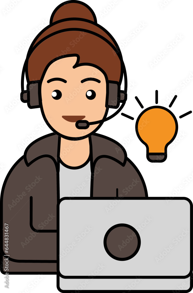 Mic Headphones Wearing Woman With Laptop For Idea Colorful Icon. Mic Headphones Wearing Woman With Laptop For Idea Colorful Icon.