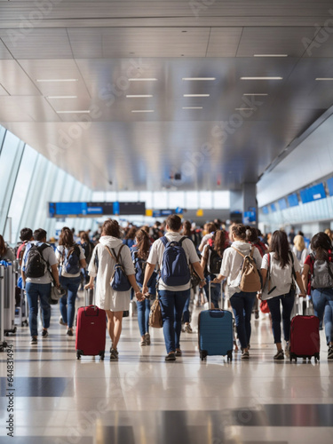 Passengers with luggage walking through the busy departures hall of a large airport 