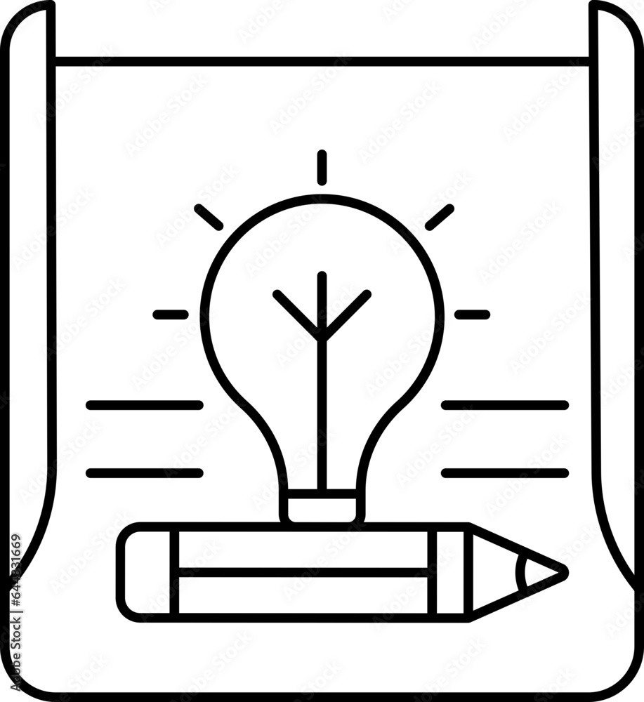 Line Art Bulb With Pencil On Paper Icon. Line Art Bulb With Pencil On Paper Icon.