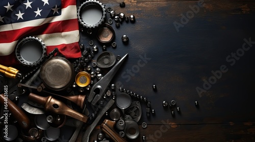 Various engineer tools labor day construction and manufacturing tools on dark black background with patriotic US, USA, American flags.