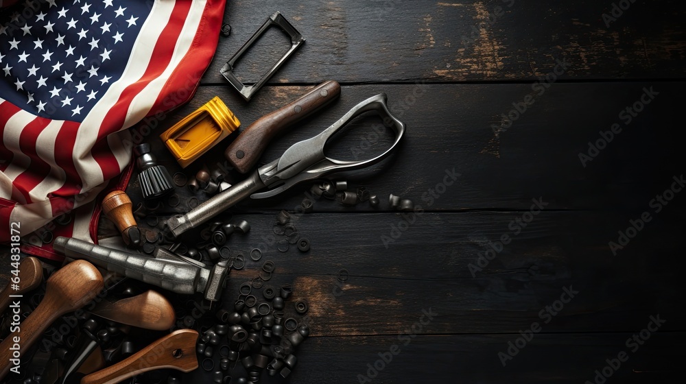 Various engineer tools labor day construction and manufacturing tools on dark black background with patriotic US, USA, American flags.