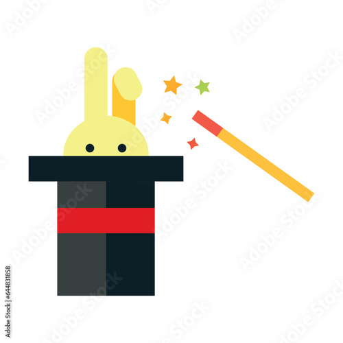 Animal peeking out of black magician or illusionist top hat with magic wand. Multicolored flat vector icon representing celebration concept isolated on white background