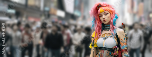 Woman dressed as anime characters pose at a cosplay convention in a big city. Shallow field of view with copy space.