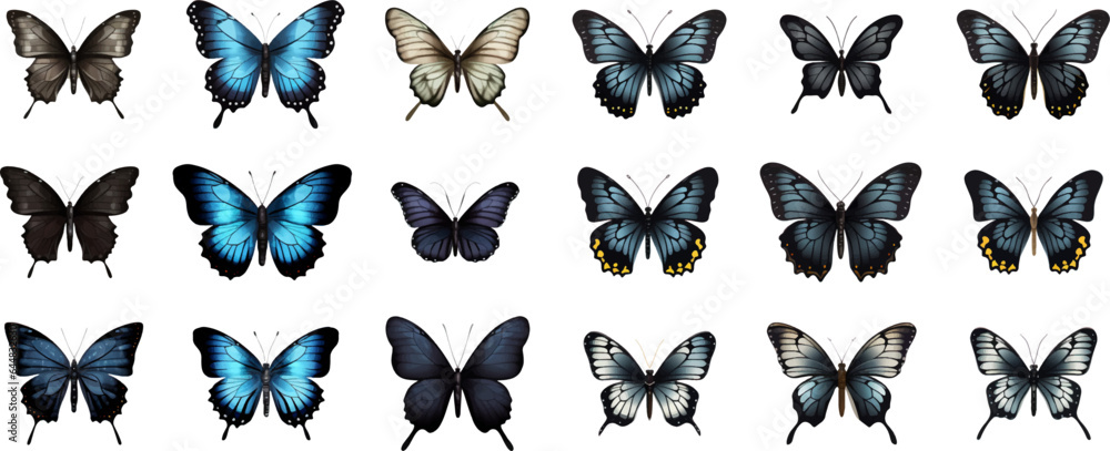 set of bright vector hand painted butterflies white background. Generative AI set of bright vector hand painted butterflies white background. Generative AI