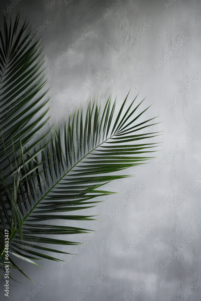 Obraz premium Palm Tree Leaves, Concrete Wall Background, empty space for text
