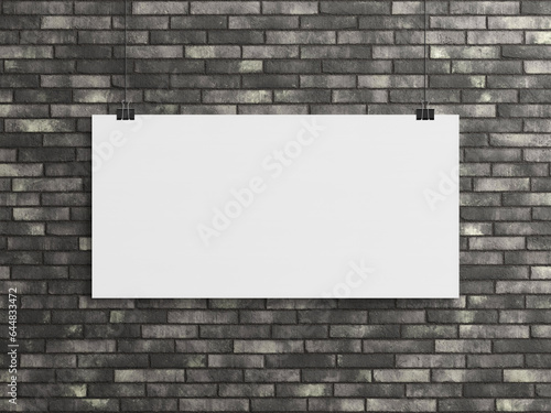 Wallpaper Mural Blank horizontal poster hanging with clips on a brick wall Mockup. 3D rendering Torontodigital.ca