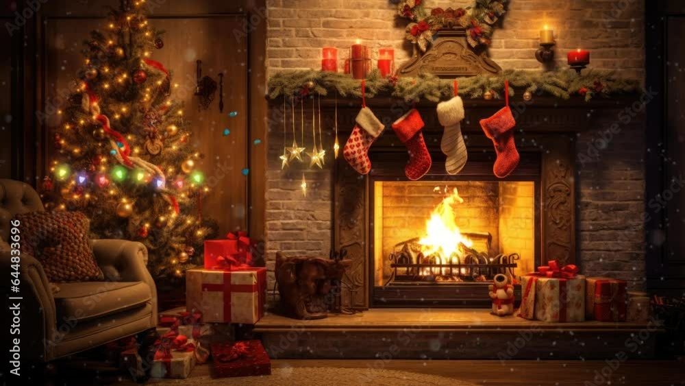 fireplace with christmas decorations. seamless looping time-lapse virtual video animation background.