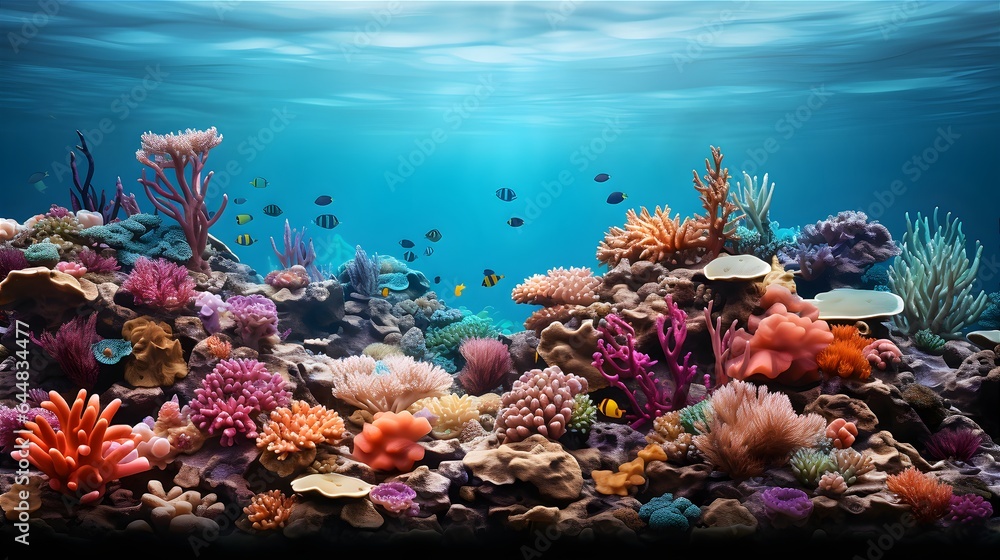 Plants And Animals Of The Underwater World. Illustration on the theme of the underwater world, ecology and climate, water resources and travel. Generative AI	
