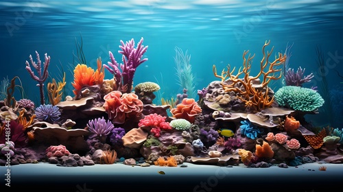 Various Plants, Corals, Sponges And Algae In The Underwater World. Illustration on the theme of the underwater world, ecology and climate, water resources and travel.  Generative AI	
