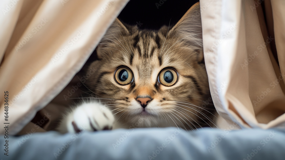 kitten peeking out from behind a curtain - obrazy, fototapety, plakaty 
