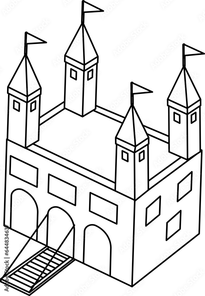 Fortress Castle Icon In Black Outline.