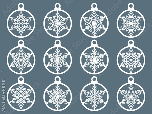 Set of laser cut Christmas balls with snowflake cutout of paper Sample Template for Christmas card, invitation for Christmas party For laser or plotter cutting printing serigraphy	