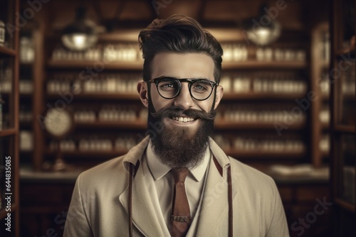 A confident, handsome and stylish young European with a beard and glasses, exuding modern urban elegance.