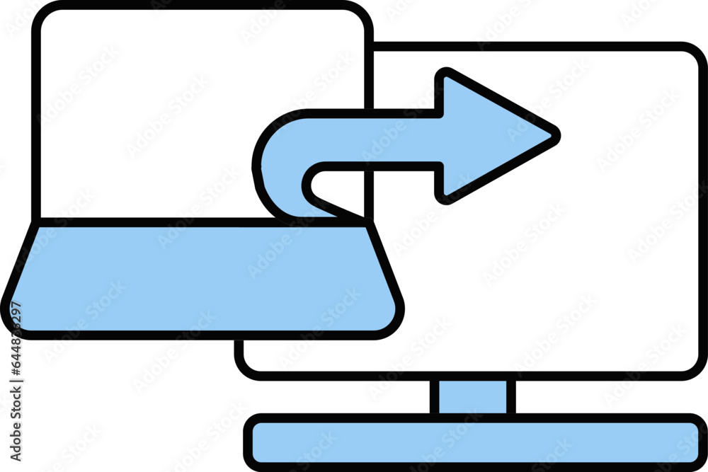 Sending Or Transfer Arrow laptop With Desktop Icon In Blue And White Color. Sending Or Transfer Arrow laptop With Desktop Icon In Blue And White Color.