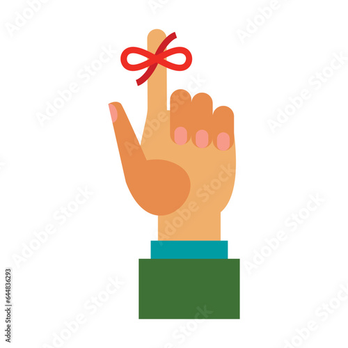 Hand with index finger tied with red ribbon. Multicolored flat vector icon representing hand gestures and actions concept isolated on white background
