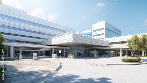 the exterior facade and main entrance of the hospital building