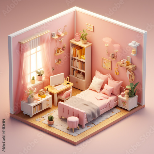 Detailed 3d render illustration of isometric block of Small Children s room interior. Generative Ai