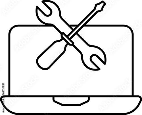 Laptop Repairing Or Servicing Icon in Black Line Art.