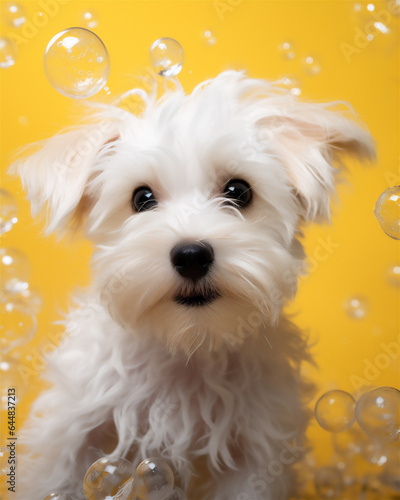 adorable puppy enjoying bubble bath on international bubble bath day