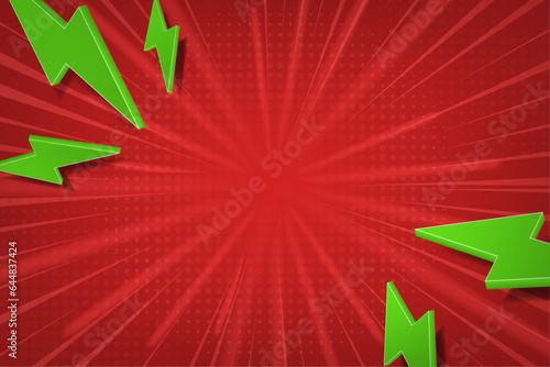 Red Comic Burst Background with halftone effect and 3d thunder symbols. Perfect for backgrounds, templates, sales banners, comic panels. Vector Illustration.