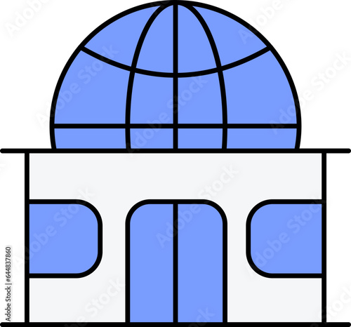 Planetarium Building Flat Icon In Blue And White Color.