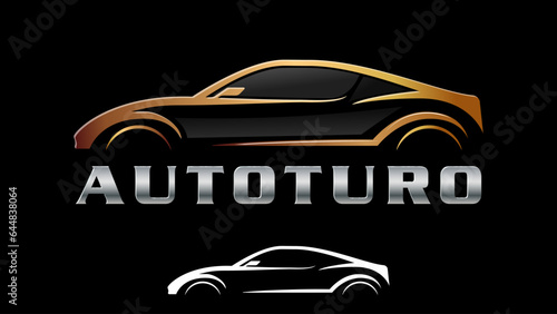 Vector logo for car manufacturer. Black car silhouette on black background.