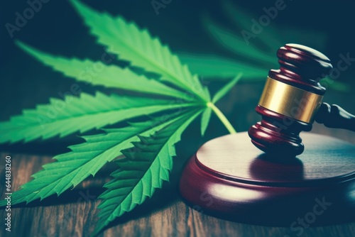A judge's gavel sitting on top of a wooden table. Imaginary illustration. Legalization of marijuana.
