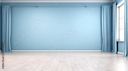 Empty room with wooden floor for product display. Blue backdrop for product presentation © Muneeb