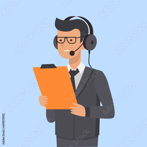 Young man in suit in headset with headphones and microphone holding in hands planchette. Operator, customer support, help, chat, customer service agent vector illustrarion.