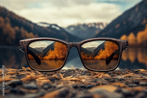 A pair of sunglasses sitting on top of a rocky beach. Imaginary illustration.