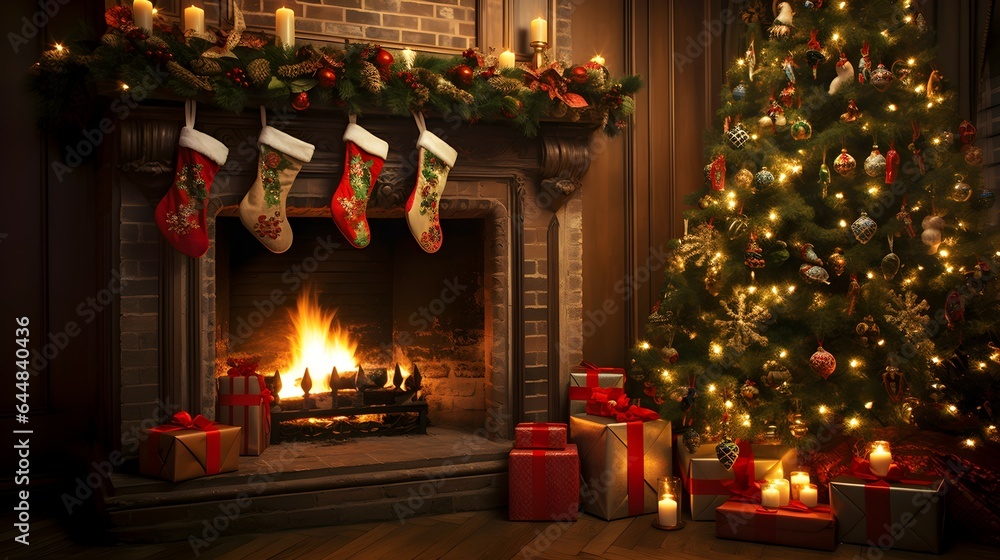 Christmas Tree, Stockings Hung by the Fireplace, Presents: A Festive Holiday Scene Filled with Yuletide Joy