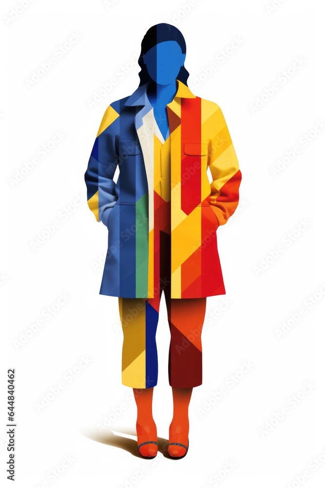 A man in a colorful coat standing with his hands in his pockets. Digital image.