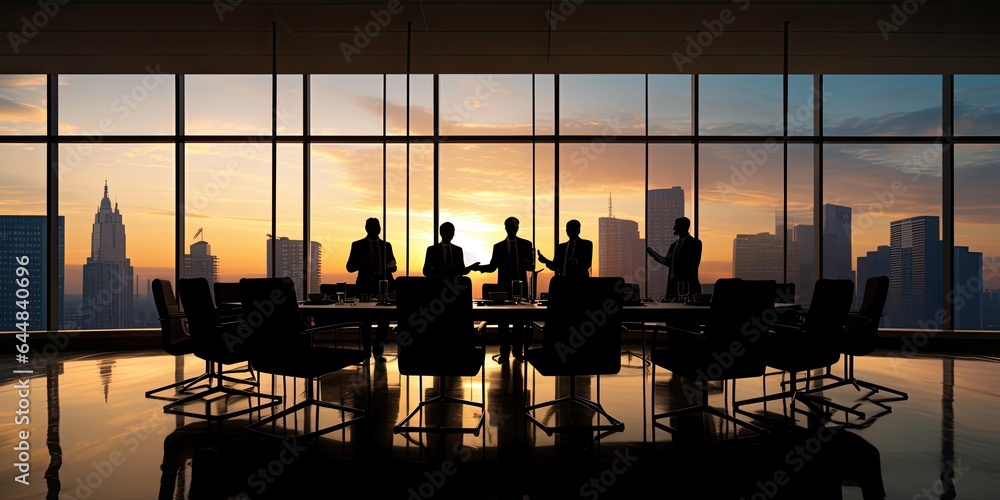 Obraz na plátně Business people meeting in modern office building conference room during sunset