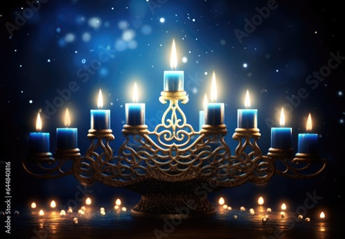 A hanukah menorah with lit candles on a table. Imaginary illustration. photo