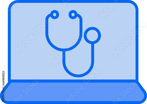 Blue Color Stethoscope In Laptop Icon.