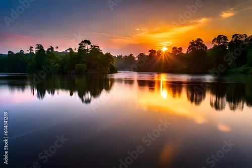 sunrise over the river generated Ai. © Raziq