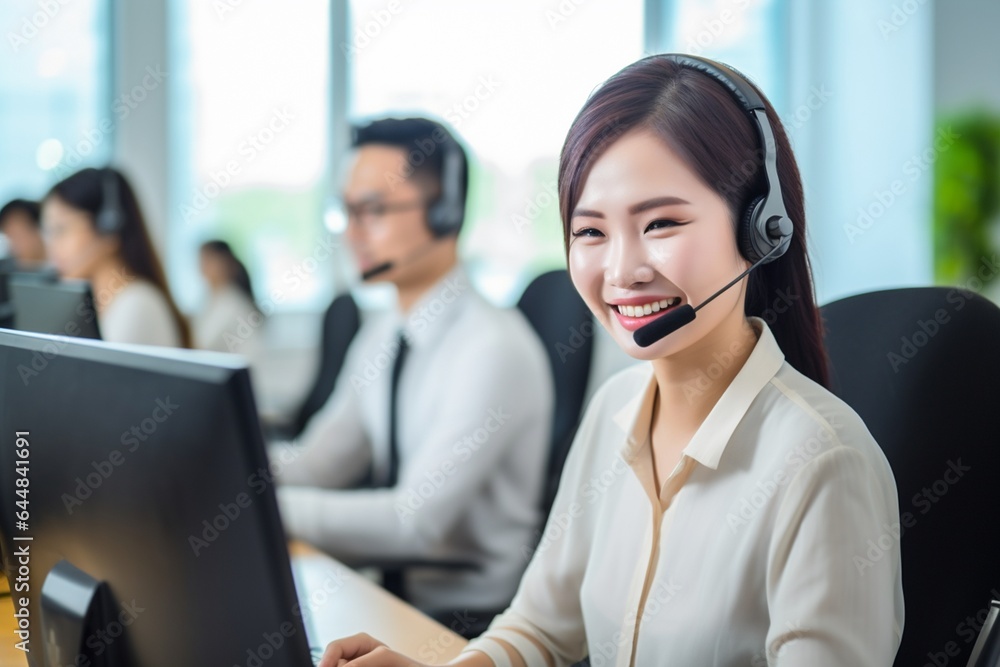 Customer support agent or call center in headset working at customer service office. Customer support agent or call center in headset working at customer service office.