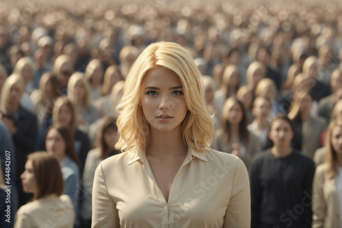 Stand out from the crowd concept with blonde woman standing out from large crowd of people