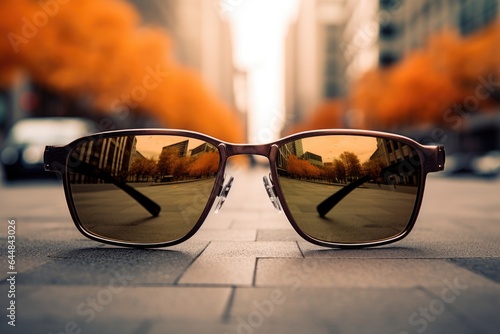 A pair of sunglasses sitting on a sidewalk. Imaginary illustration.
