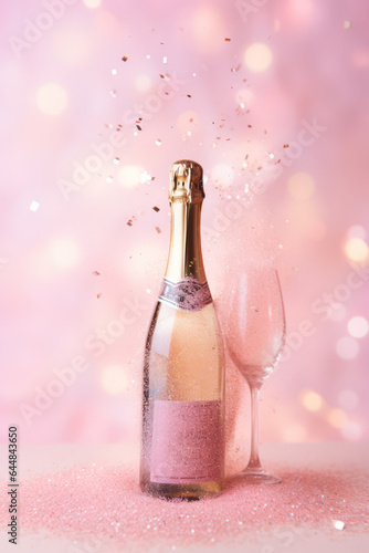 Bottle of champagne on pink background. Festive girly background, anniversary, birthday, celebration concept. AI generative, illustration
