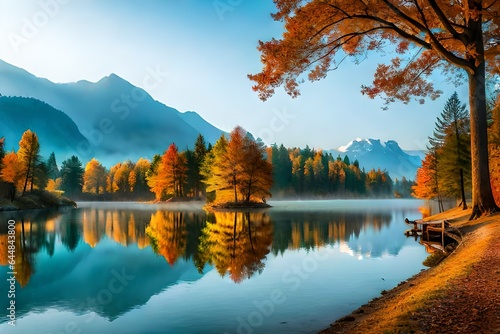 autumn landscape with lake generated Ai. © Abdul