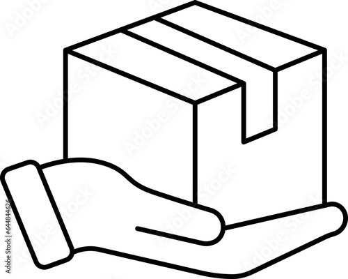 Carton Box On Hand Icon In Black Stroke.