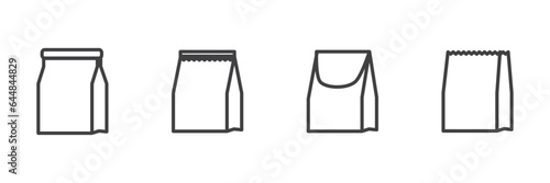 Simple Paperbag  handbag and paper market pack outline icon set. Set of types of flexible packaging. Infographics icons. Vector illustration isolated on white background   Set of junk food paper bag.